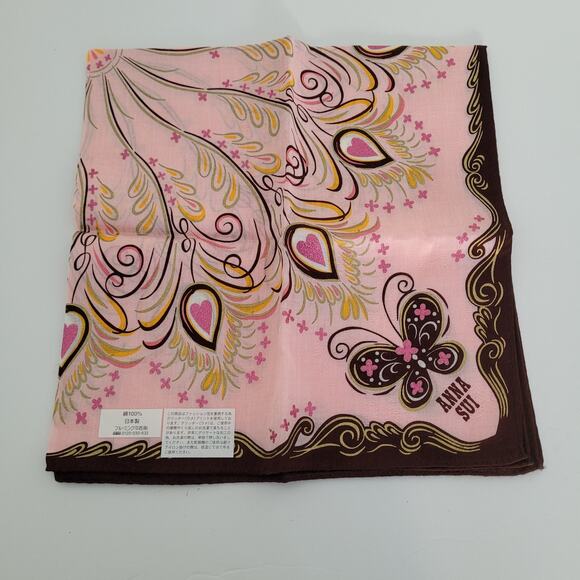 Anna Sui Cotton Butterfly Square Neck Scarf Bandana Small Handkerchief 18" - Picture 5 of 6